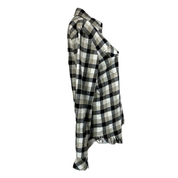 Current Elliot Shirt Womens Sz S Black Beige Plaid Flannel Fringe Button Up - Picture 3 of 9